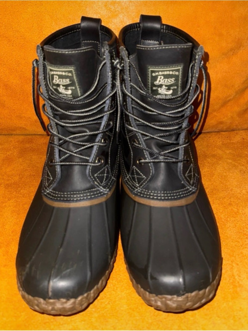 Bass Men's Black Waterproof Duck Boots with Brown Trim